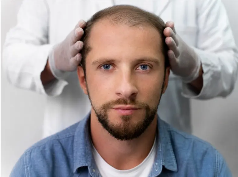 Doctor examining a patient’s thinning hair